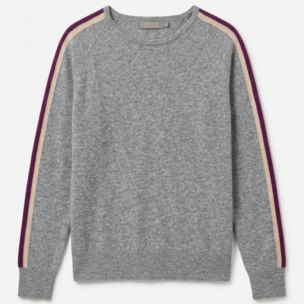Brodie Cashmere Gray Crewneck Sweater with Purple and Cream Shoulder Stripes